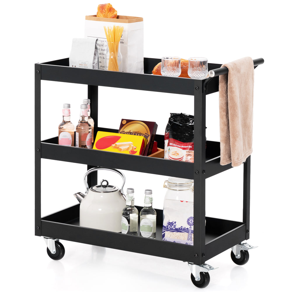 3-tier black metal utility cart with handle, featuring ample storage and 360° rotating wheels for easy transport.