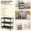 3-tier black utility cart with handle and wheels, ideal for home, office, or kitchen storage and easy transportation.