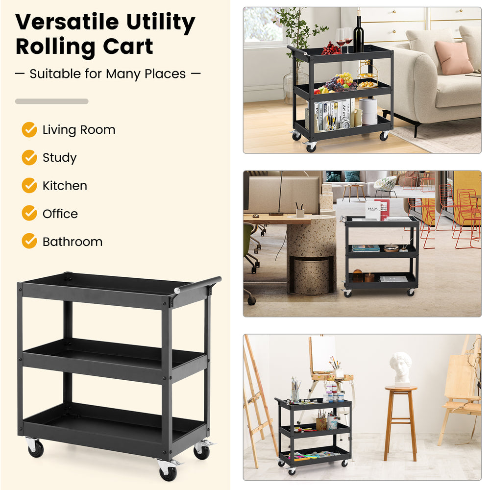 3-tier black utility cart with handle and wheels, ideal for home, office, or kitchen storage and easy transportation.