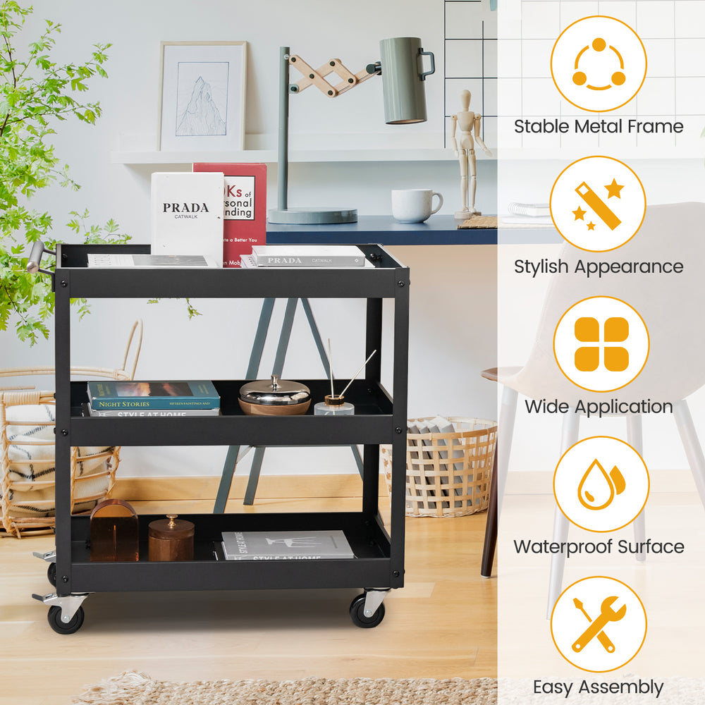 3-tier black metal utility cart with handle and wheels, ideal for versatile storage in offices and homes.