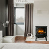 Freestanding black electric fireplace heater showcasing the realistic flame effect and compact design, perfect for cozy.