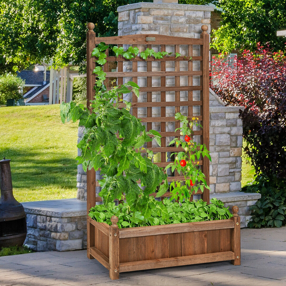 Solid wood planter box with trellis, featuring a grid design for climbing plants, ideal for gardens and patios.