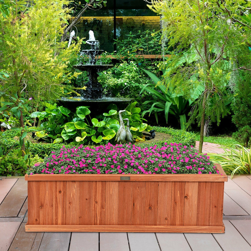 Wooden decorative planter box made of natural fir, ideal for garden or window, featuring drainage holes for healthy.