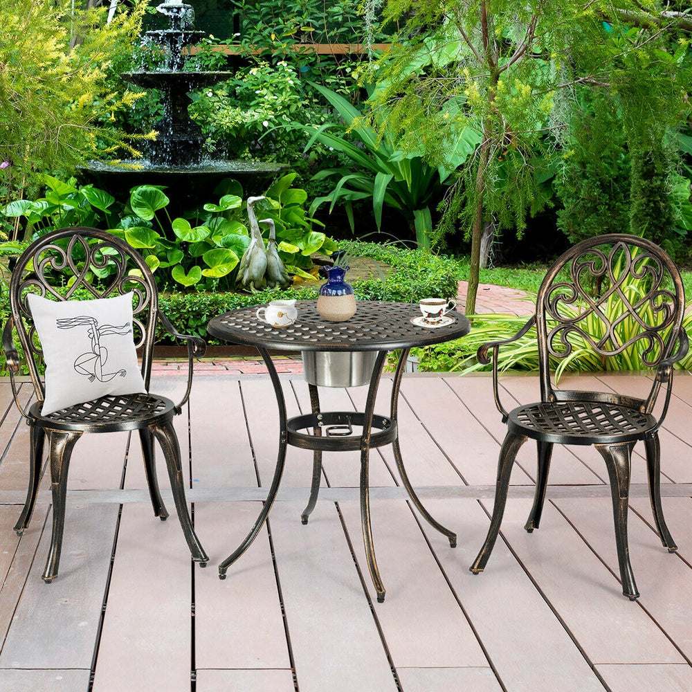 3-piece outdoor bistro set in antique bronze finish with removable ice bucket, perfect for garden or balcony relaxation.