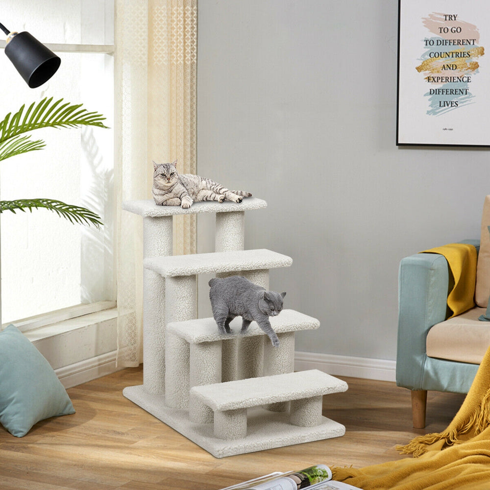 4-step carpeted cat stairs in beige with scratching posts, providing a stable and cozy climbing space for pets.