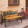 Wooden garden bench with iron armrests, featuring a floral backrest design, perfect for outdoor seating.