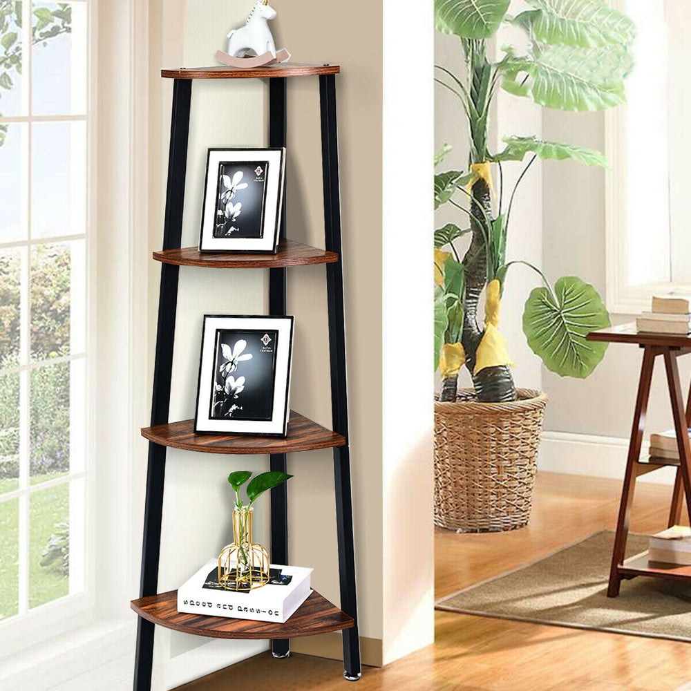 4-Tier Corner Shelf Metal Storage Rack Domestic Bookcase-Black - Gallery View 1 of 10
