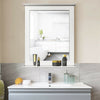 Wall-mounted white vanity mirror with shelf, made of MDF, ideal for bathroom or living room storage and decoration.