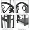 Close-up of the fireplace log rack showcasing durable wrought iron construction and built-in hooks for tools.