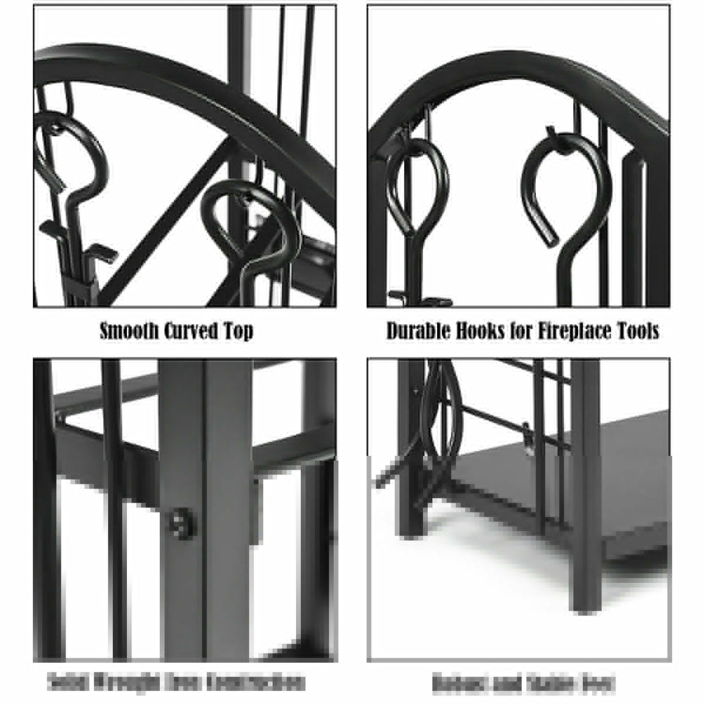 Close-up of the fireplace log rack showcasing durable wrought iron construction and built-in hooks for tools.