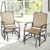 Two patio glider chairs with breathable fabric seats and sturdy iron frames, ideal for outdoor relaxation in the garden.