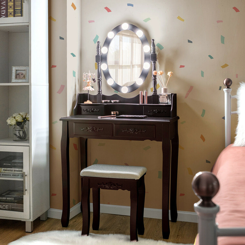 Makeup Dressing Table with Touch Switch Lighted Mirror and Cushioned Stool-Brown - Gallery View 1 of 12