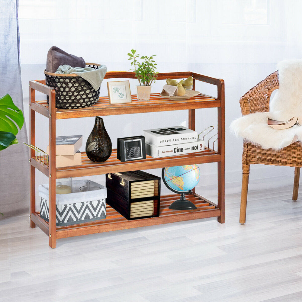 3-Tier Acacia Wood Shoe Rack with Side Metal Hooks - Gallery View 1 of 11
