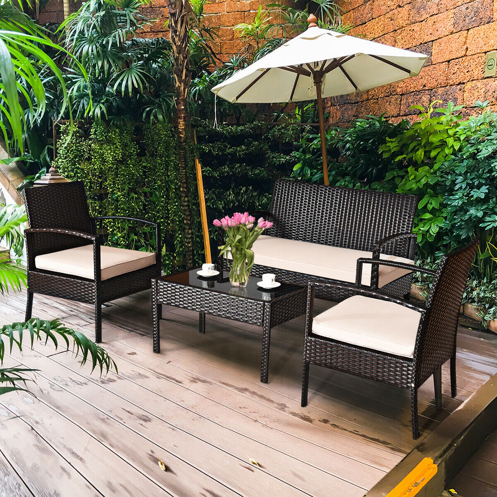 Single sofa from the 4 Pieces Patio Rattan Conversation Set, featuring a sturdy steel frame and all-weather PE rattan.