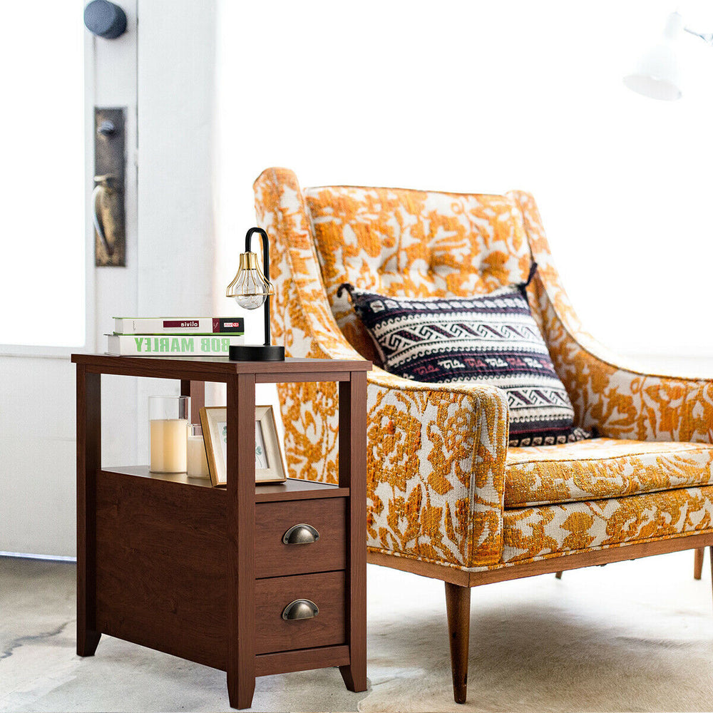 Compact brown end table with two drawers and shelf, perfect for bedroom or living room storage and decor.