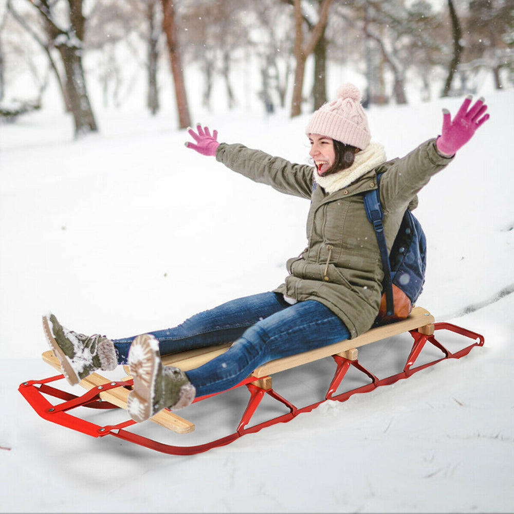 54 Inch Kids Wooden Snow Sled with Metal Runners and Steering Bar - Gallery View 1 of 13