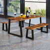 Acacia wood patio dining bench with metal legs, featuring a polished surface and minimalist design for stylish outdoor.