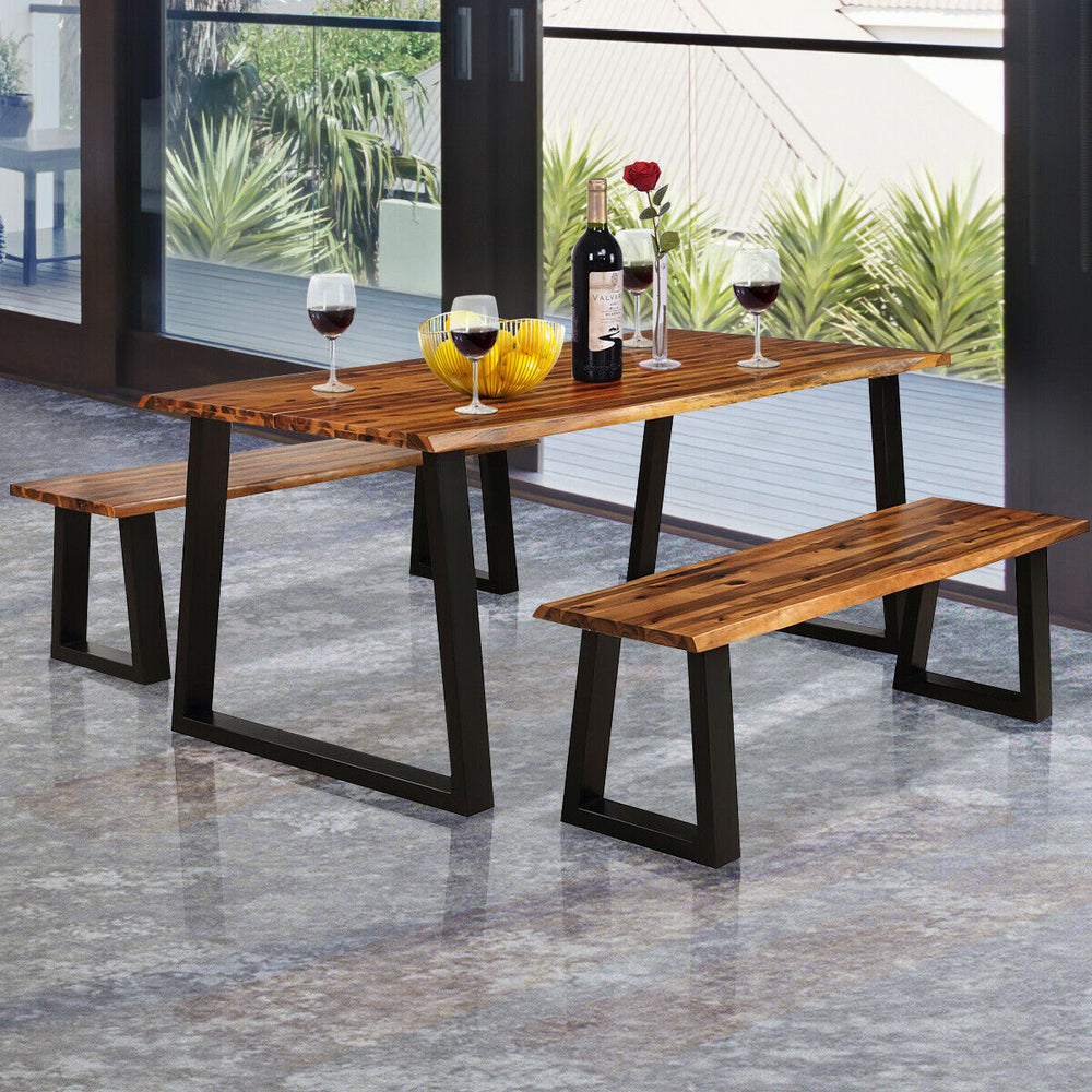Acacia wood patio dining bench with metal legs, featuring a polished surface and minimalist design for stylish outdoor.