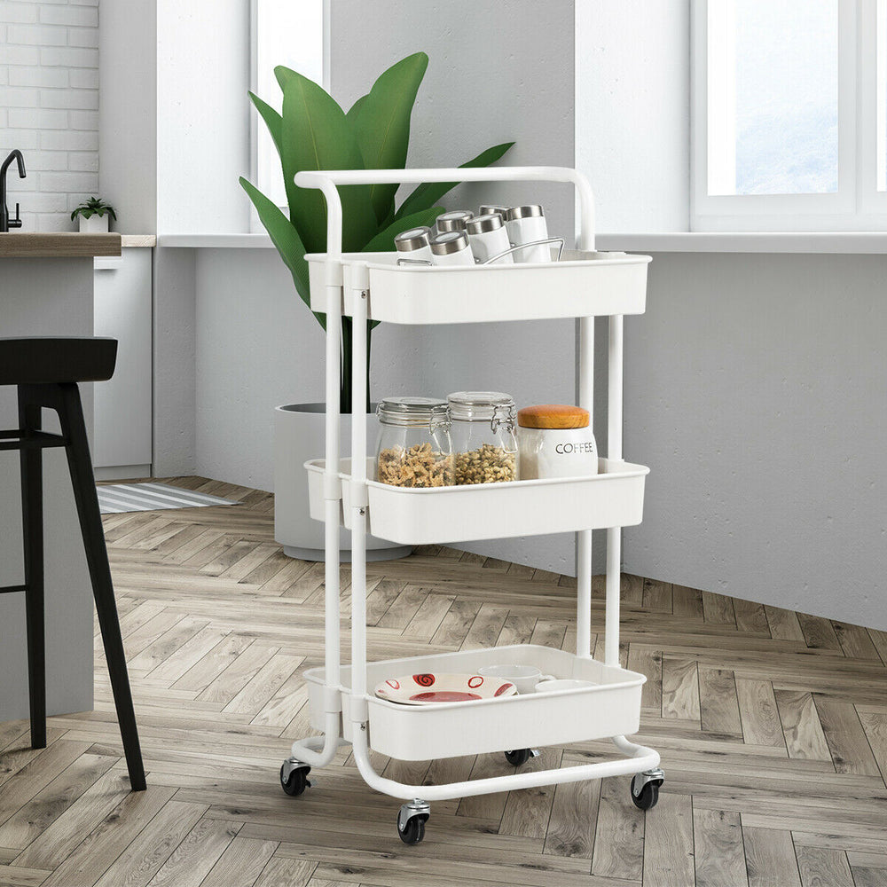 3-tier white utility cart with casters, featuring large baskets for versatile storage in kitchen or living room.