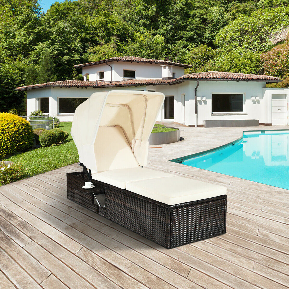 Chaise Cushioned Top Canopy Patio Rattan Lounge Chair with Tea Table - Gallery View 1 of 12