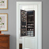 Jewelry armoire with full-length mirror, brown MDF, 5 LED lights, door or wall mounted for organized storage.