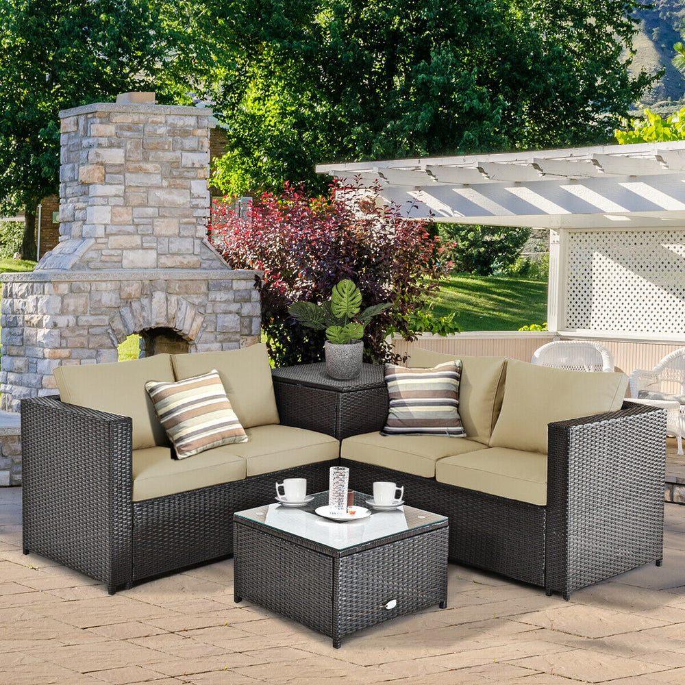 4 Pieces Outdoor Patio Rattan Furniture Set with Cushioned Loveseat and Storage Box-Brown - Gallery View 1 of 12