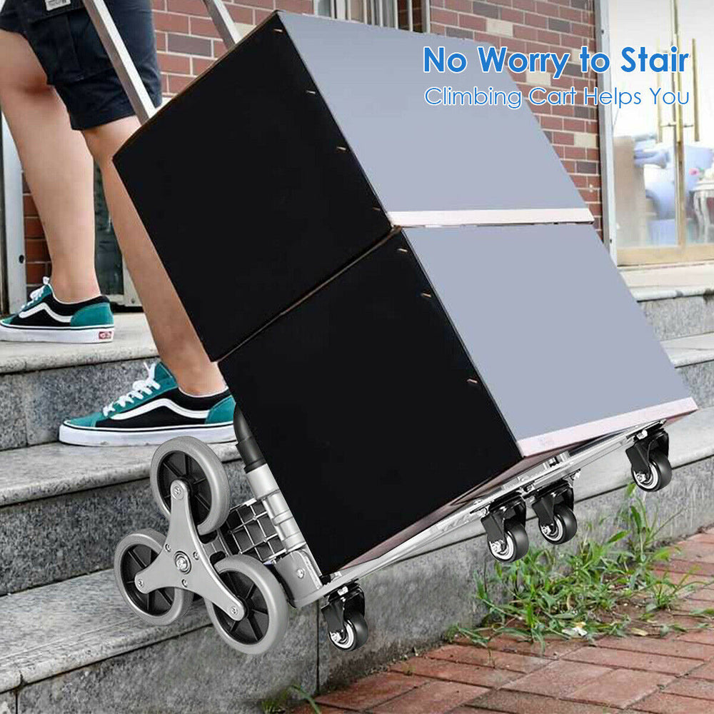 Portable folding stair climbing hand truck with climbing wheels, adjustable handle, and elastic rope for easy transport.