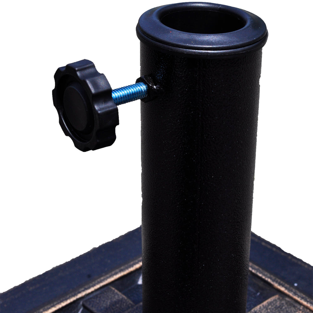 Heavy-duty 17.5-inch square umbrella base stand with hand-turn knob for securing umbrellas, ideal for outdoor use.