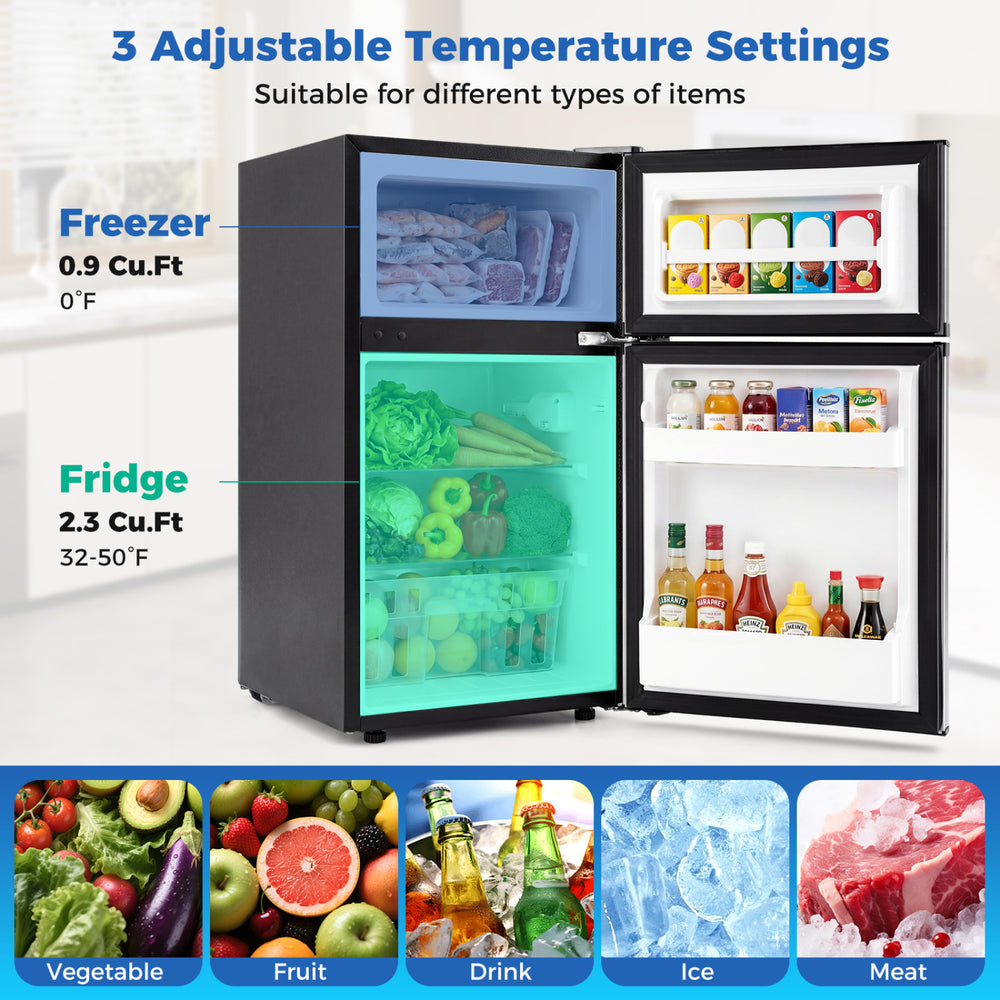 Mini fridge with freezer, 3.2 cu.ft, adjustable thermostat, and removable shelves for dorms and small spaces.