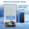 Mini fridge with freezer showcasing powerful compressor and high-density foam layer for efficient cooling and.