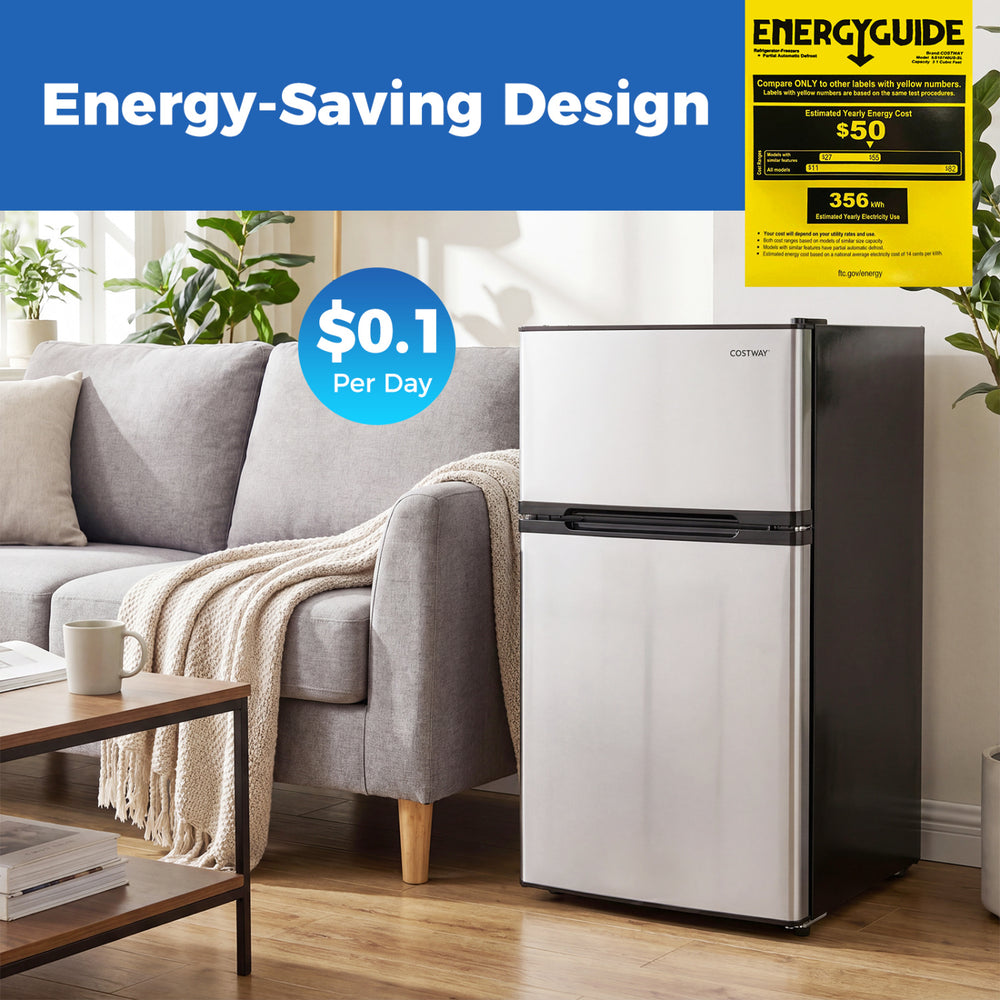 Compact 3.2 cu.ft silver mini fridge with freezer, adjustable thermostat, and energy-saving design for small spaces.