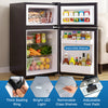 Mini fridge with freezer, adjustable thermostat, removable glass shelves, and bright LED light for compact spaces.
