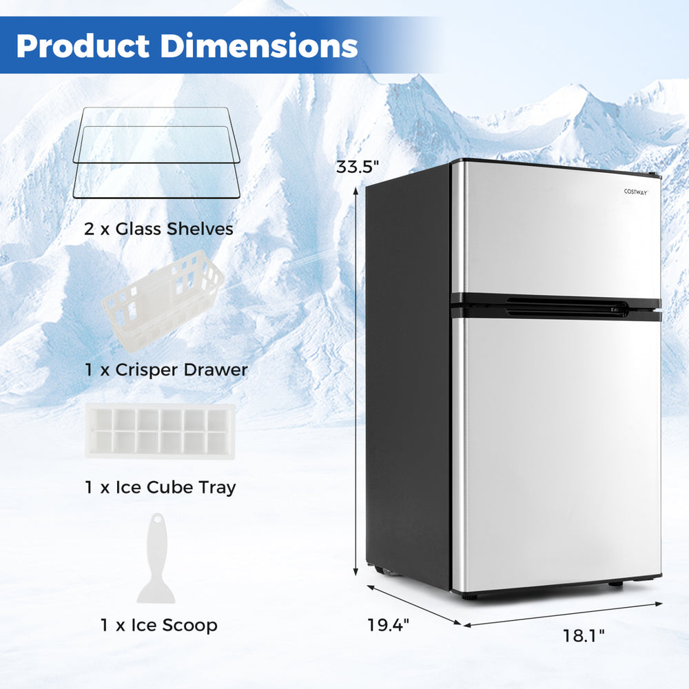 3.2 Cu.Ft mini fridge with freezer, adjustable thermostat, and removable glass shelves, ideal for small spaces.