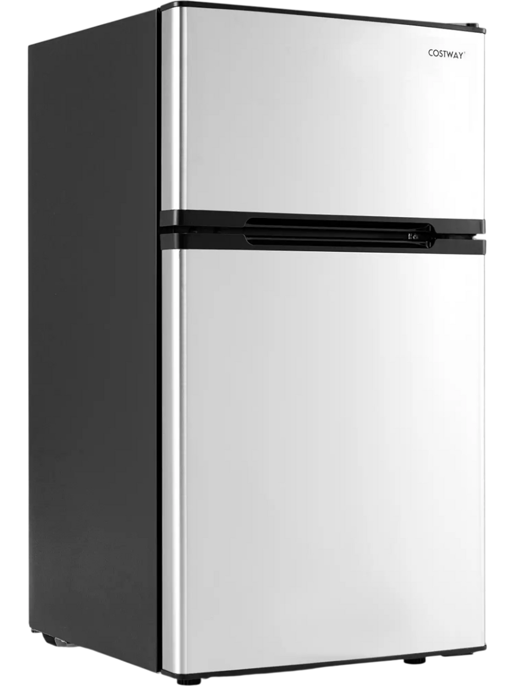 Compact 3.2 Cu.Ft silver mini fridge with freezer, adjustable thermostat, and removable shelves for small spaces.