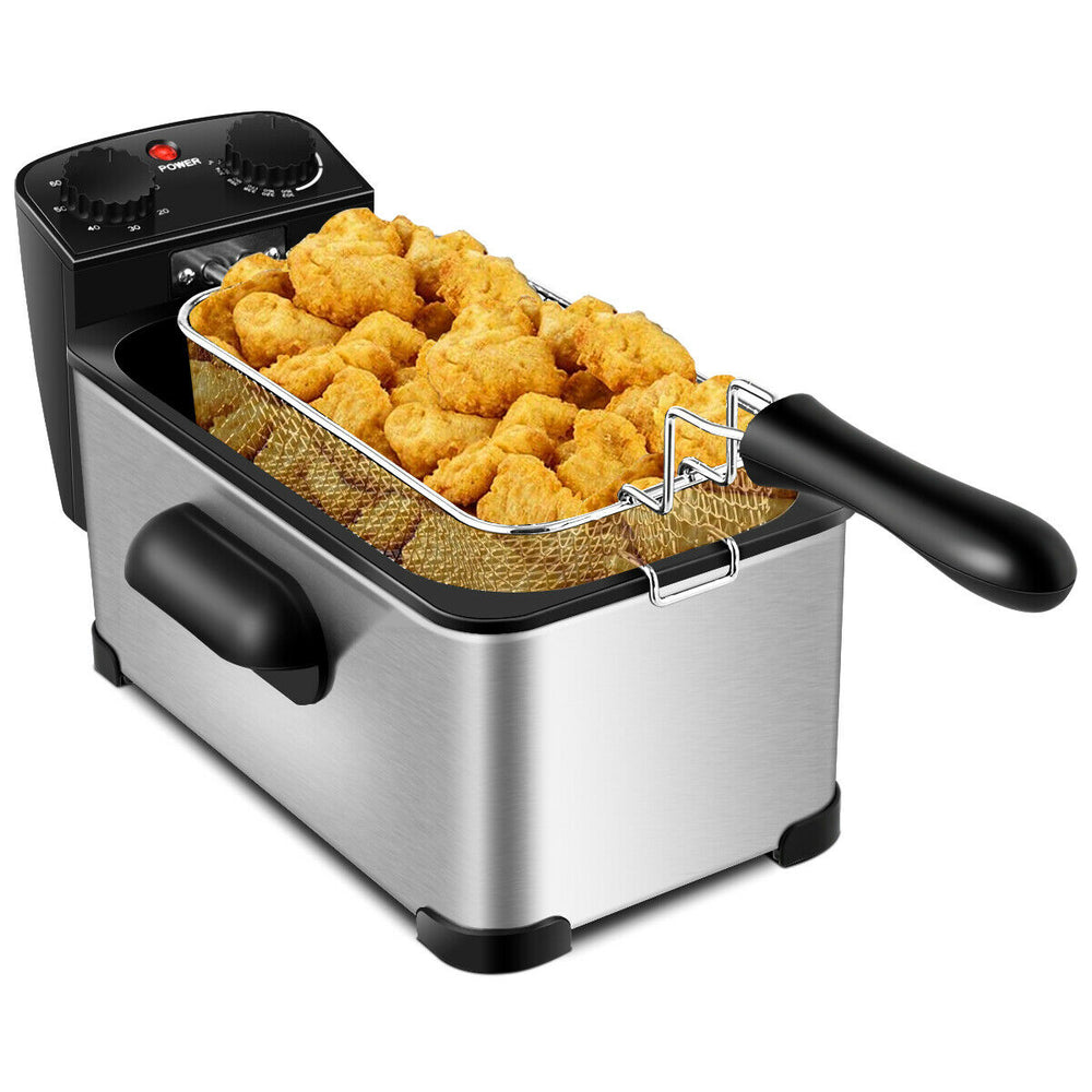Electric stainless steel deep fryer with 3.2 qt capacity, 1700 W, and timer for frying chicken and fries.