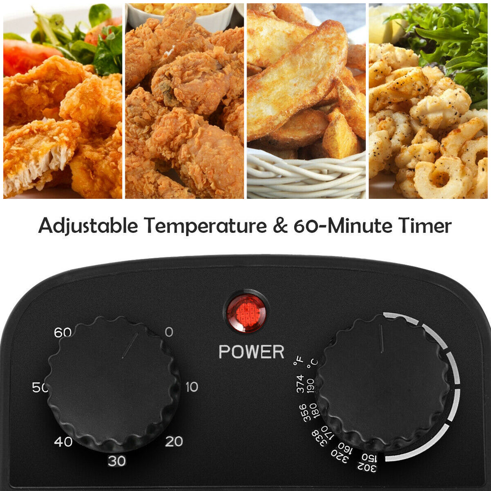 Close-up of the adjustable temperature and timer knobs on the 3.2 Quart Electric Stainless Steel Deep Fryer.