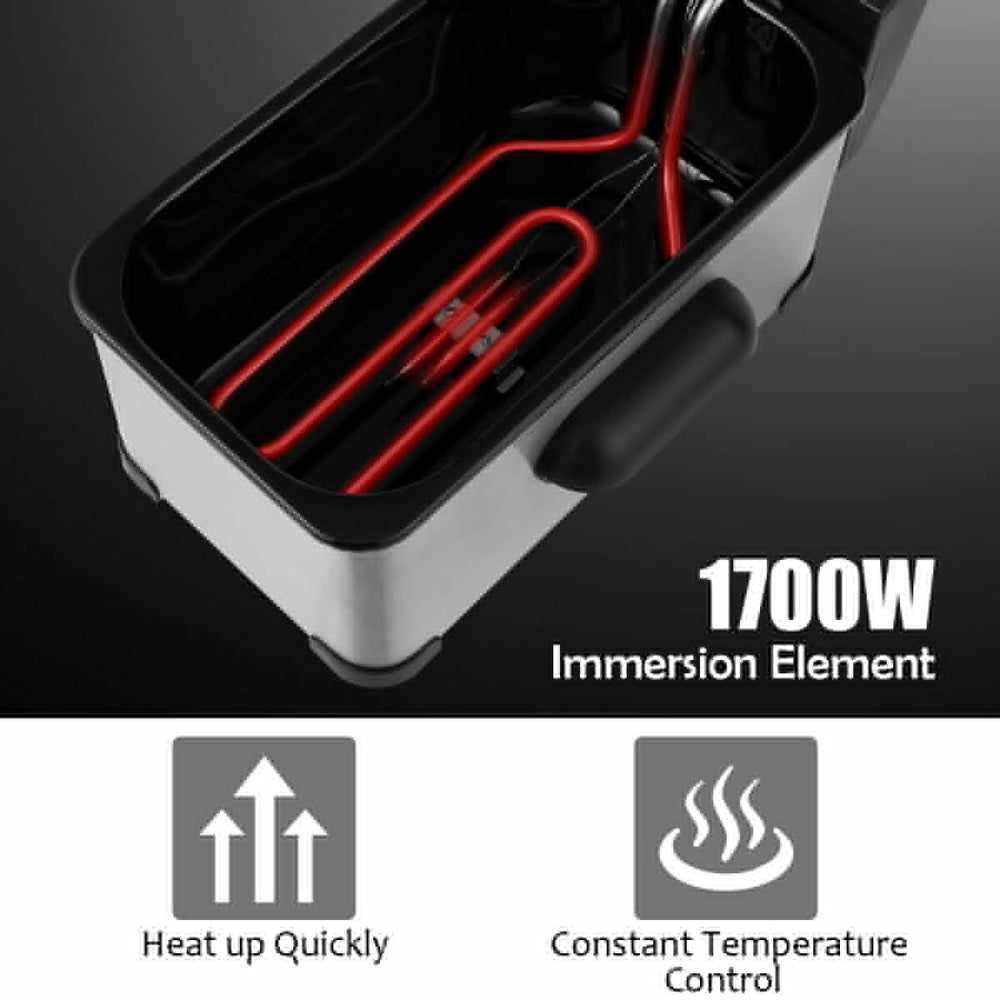Electric stainless steel deep fryer with 1700W heating element, 3.2 qt capacity, and adjustable temperature control.