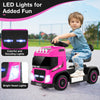 Kids electric ride-on truck in pink with adjustable seat, LED lights, and functional steering for fun outdoor play.