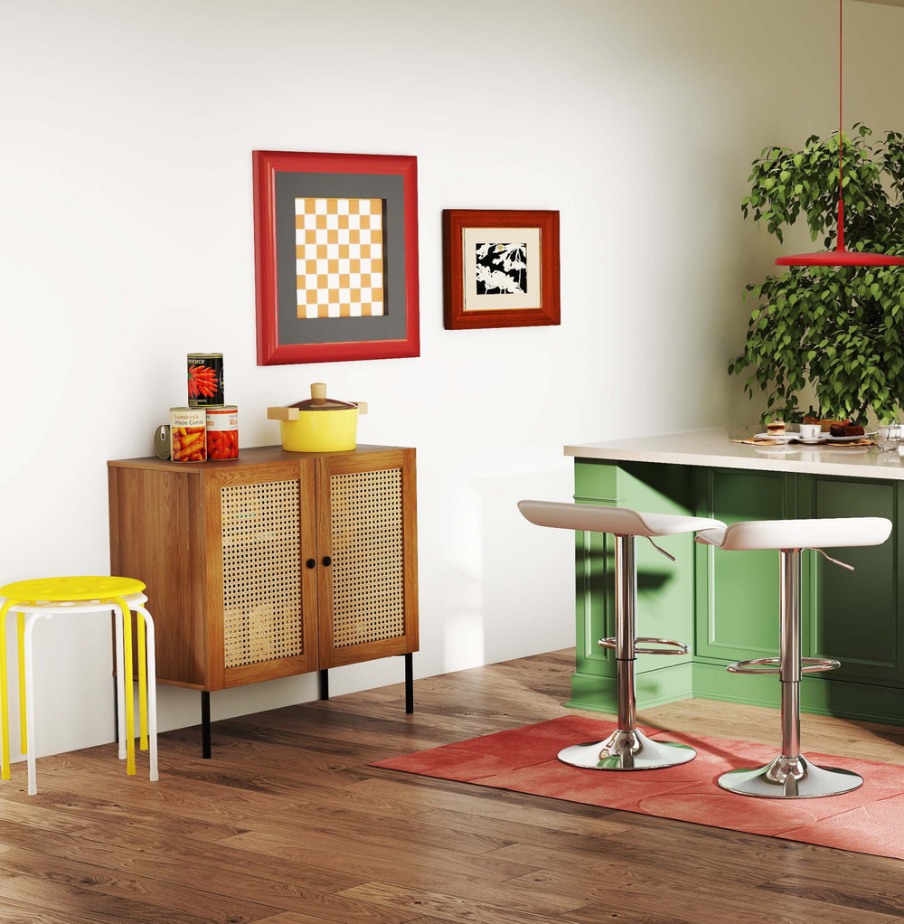 Adjustable bar stools and rattan storage sideboard in a modern kitchen setting, perfect for versatile dining solutions.