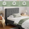 Platform bed with a gray button tufted headboard, sturdy construction, and 7-inch under-bed storage for convenience.