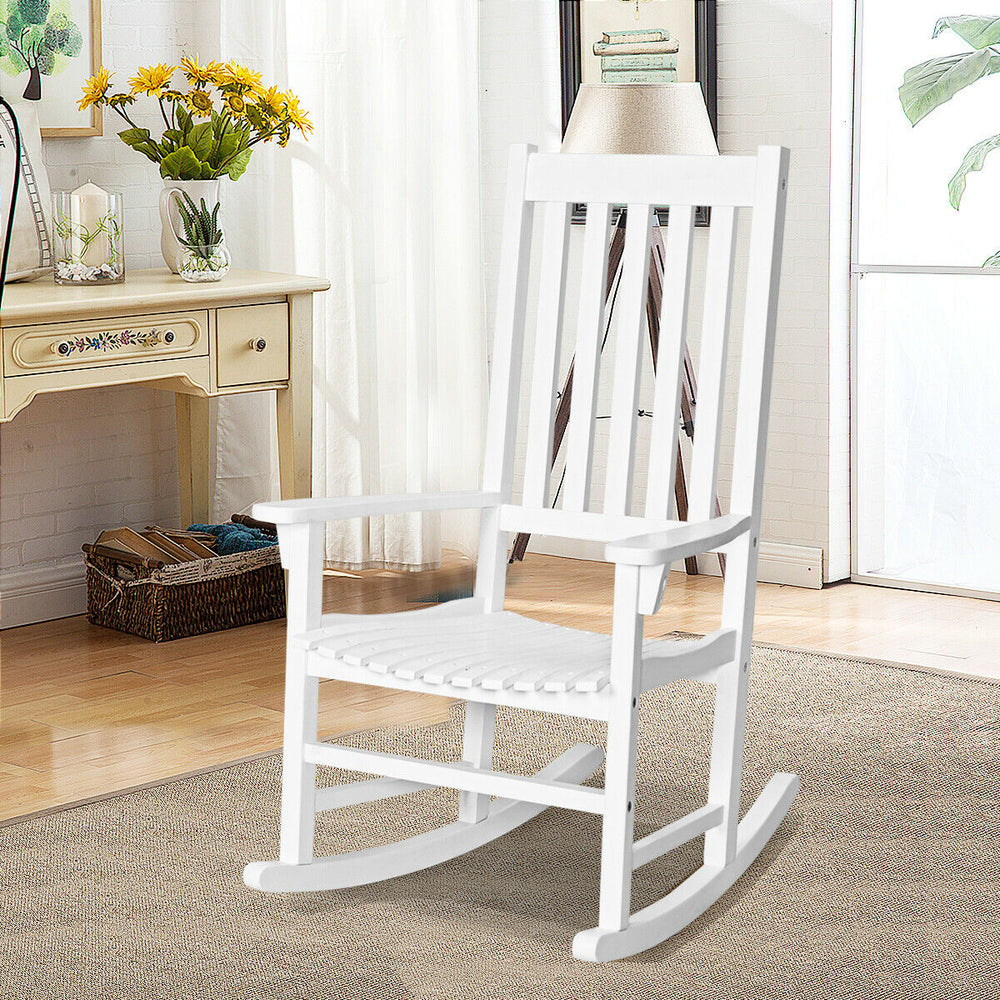 White high back rocking chair made of acacia wood, featuring a contoured seat and widened armrests for comfort.