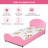 Twin size upholstered toddler bed in pink with soft padding, non-toxic varnish, and safe rounded edges for kids'.