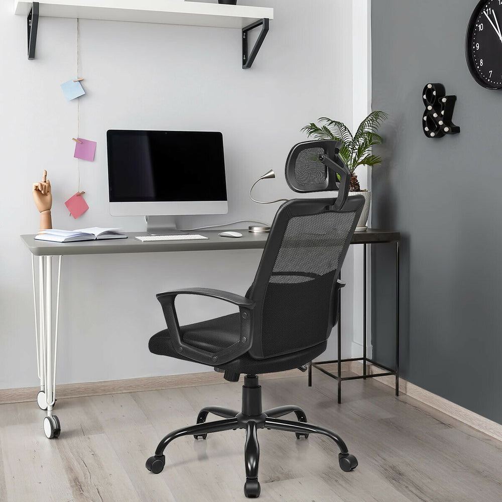 High back ergonomic mesh office chair with adjustable seat height, cushioned seat, and smooth armrests for comfort.