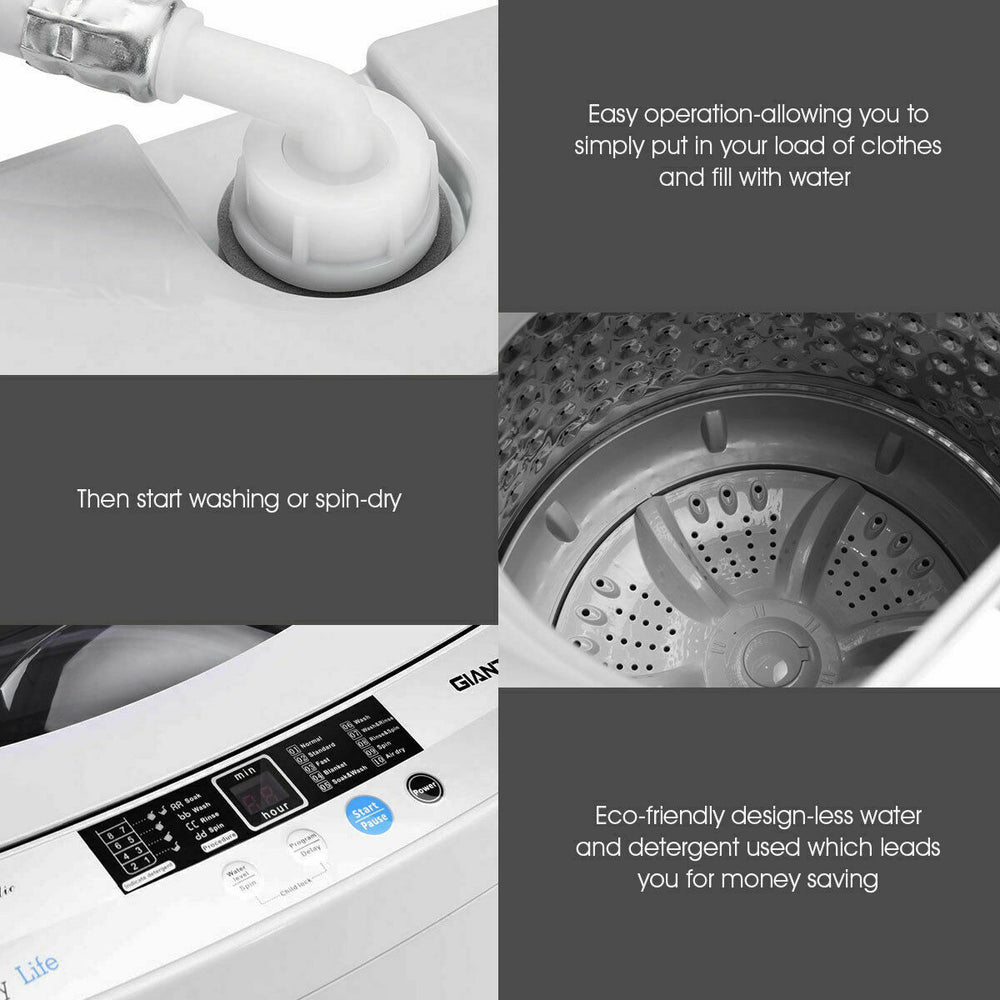 Close-up of the 12 lbs full-automatic washing machine's stainless steel inner tub, showcasing its eco-friendly design.