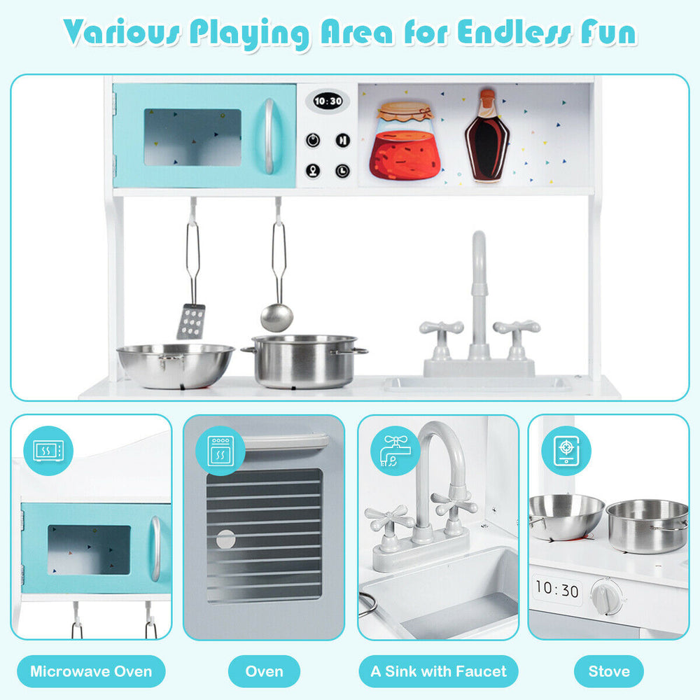 Kids kitchen playset featuring a microwave, stove, and sink with faucet for imaginative cooking fun and skill.
