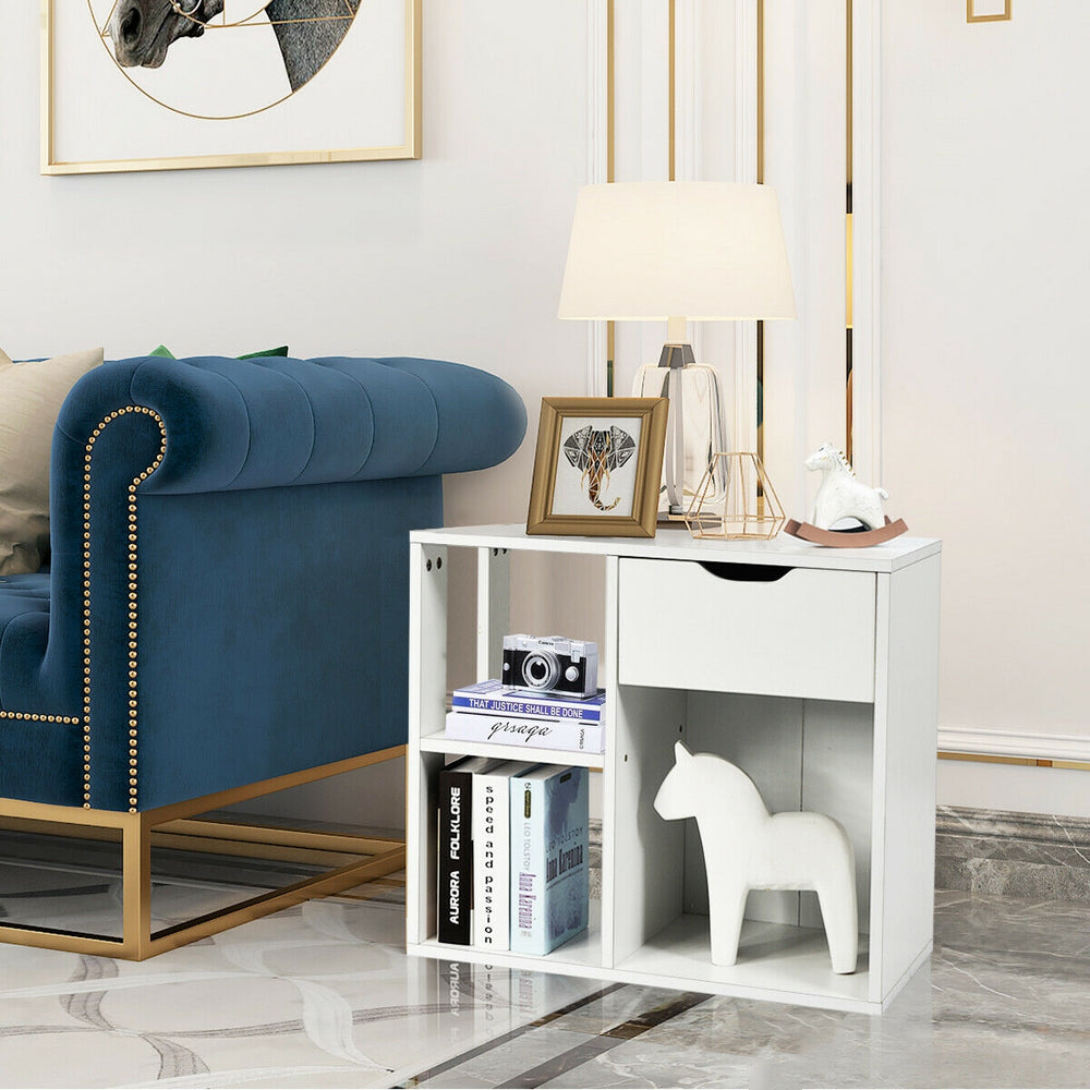 3-tier side table in white with drawer and open shelf, perfect for living room or bedroom storage.