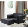 Kids black double sofa with matching ottoman, perfect for playrooms and reading, made from comfortable material.
