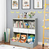Freestanding gray cubby bin storage organizer with three baskets, ideal for children's toys and books.