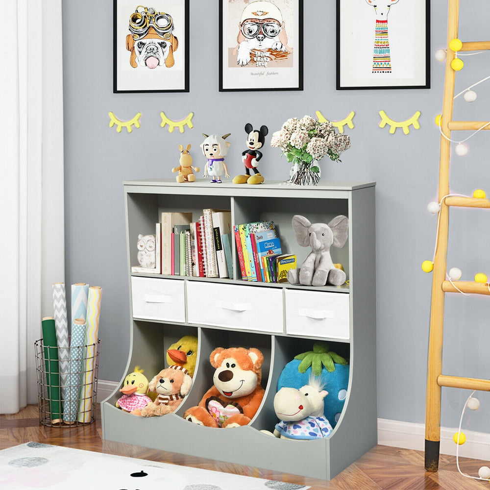 Freestanding gray cubby bin storage organizer with three baskets, ideal for children's toys and books.