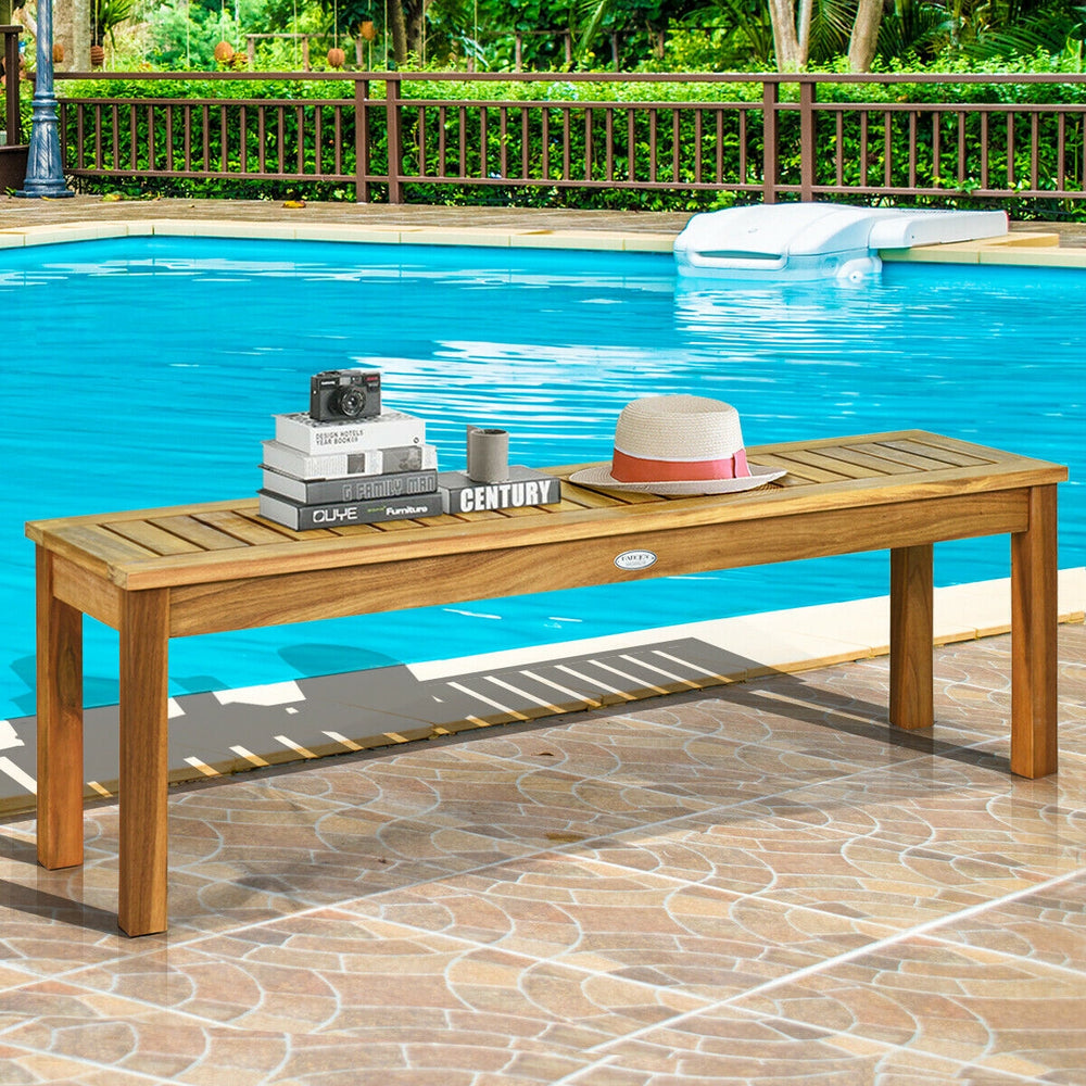 Acacia wood outdoor dining bench with hollow slat design, perfect for patio seating and easy maintenance.